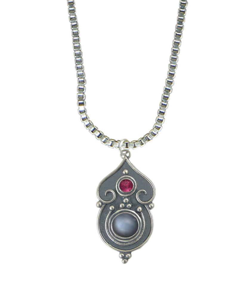 Sterling Silver Necklace Grey Moonstone And Pink Tourmaline